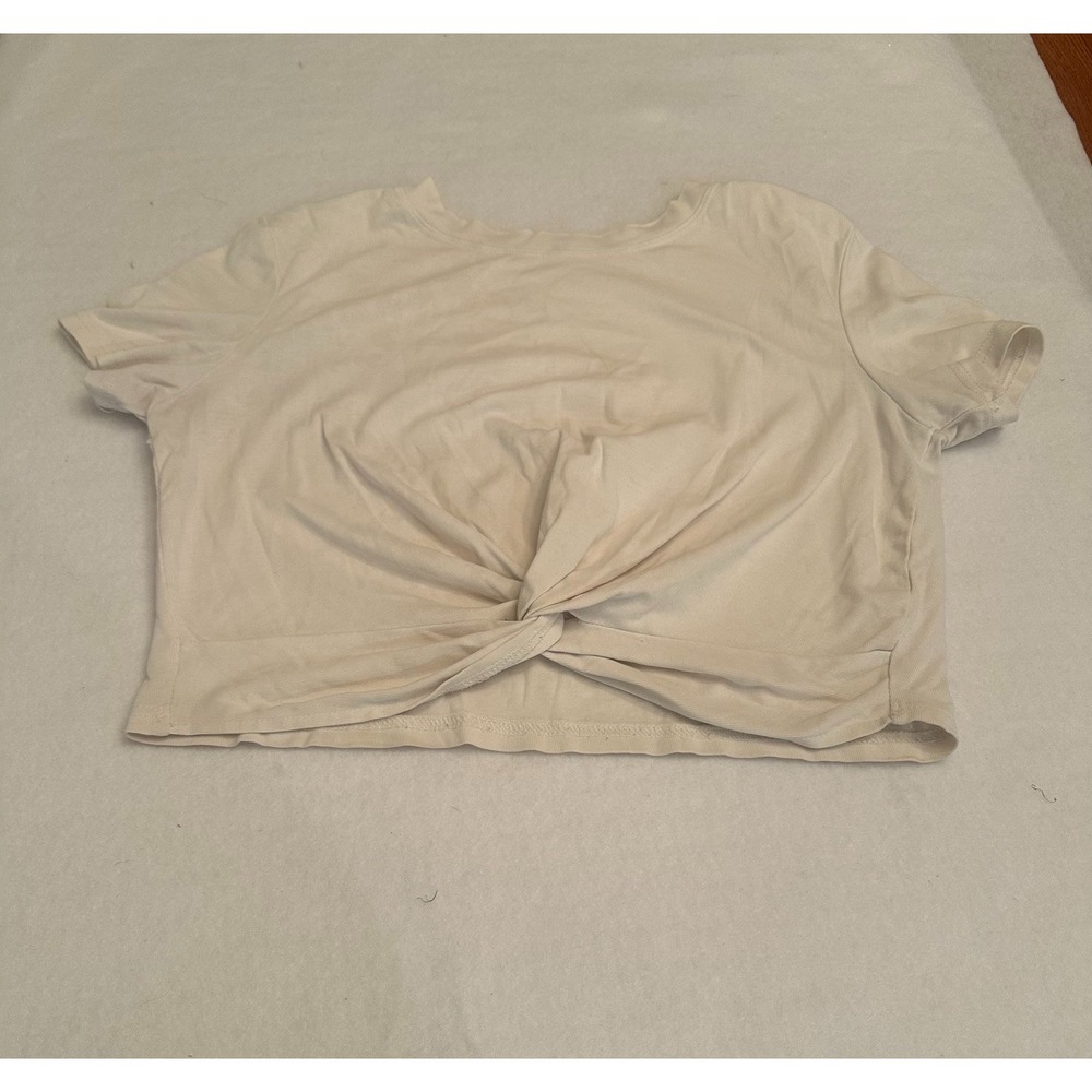Cream Knotted Crop Top Small Off White Short Sleeve Twist Front Tee Knit Casual